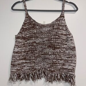 Brown and White Knit Fringe Tank Top